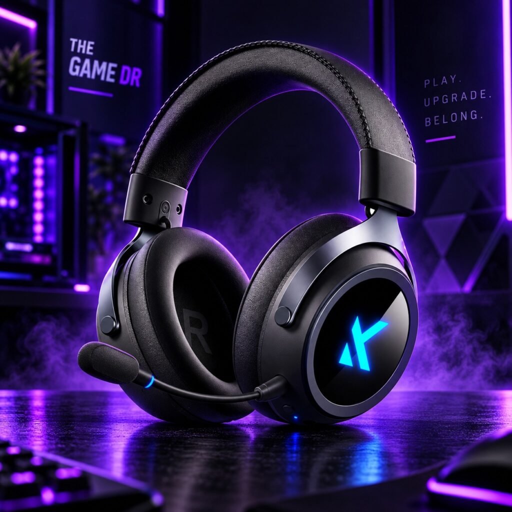 Black gaming headset in The Game DR purple gaming setup
