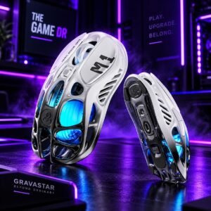 White GravaStar gaming mouse in The Game DR purple gaming setup