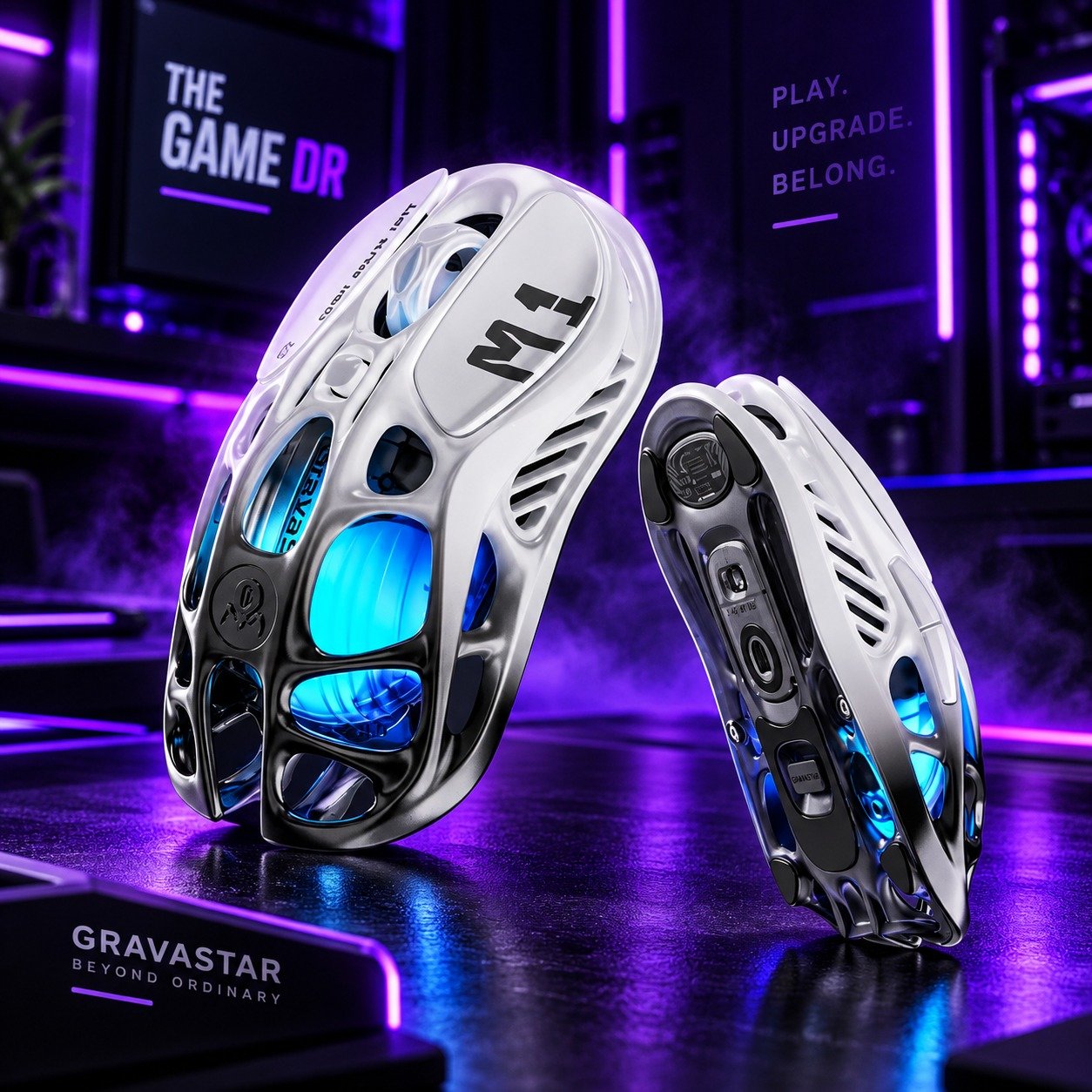 White GravaStar gaming mouse in The Game DR purple gaming setup