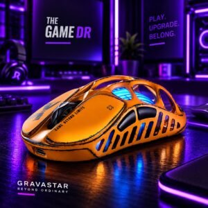 Mercury X Pro Battle Worn-Yellow gaming mouse in The Game DR purple gaming setup