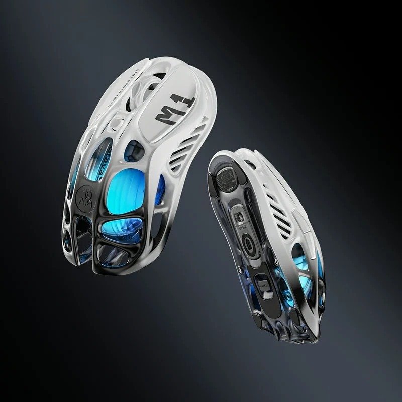 Two GravaStar Mercury M1 Pro gaming mice angled to show the open skeletal frame and blue internal lighting