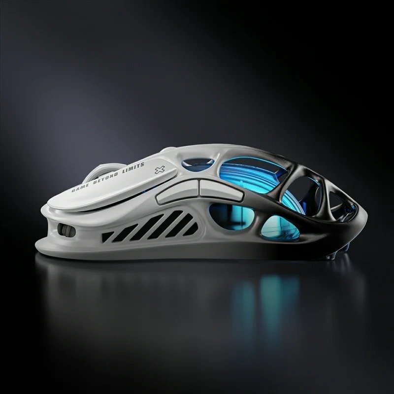 Side profile of the GravaStar Mercury M1 Pro gaming mouse showing the open-frame chassis and blue internal lighting