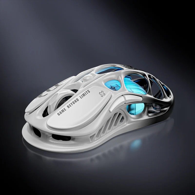 GravaStar Mercury M1 Pro wireless gaming mouse at a three-quarter angle, white shell over a black skeletal frame with blue internal lighting and GAME BEYOND LIMITS marking