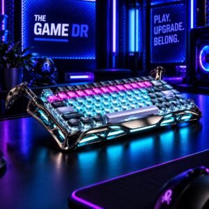GravaStar Mercury V75 Pro Cyberpunk keyboard with RGB lighting on a gaming desk