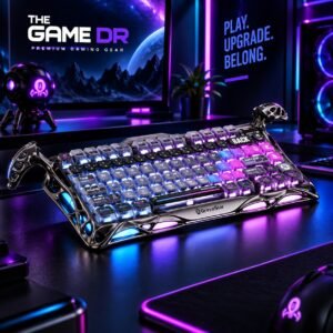 GravaStar Mercury K1 Pro Cyberpunk keyboard with purple RGB lighting on a gaming desk