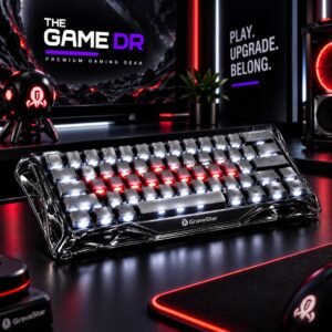 GravaStar V60 Pro Onyx Crystal keyboard with red and white lighting on a gaming desk