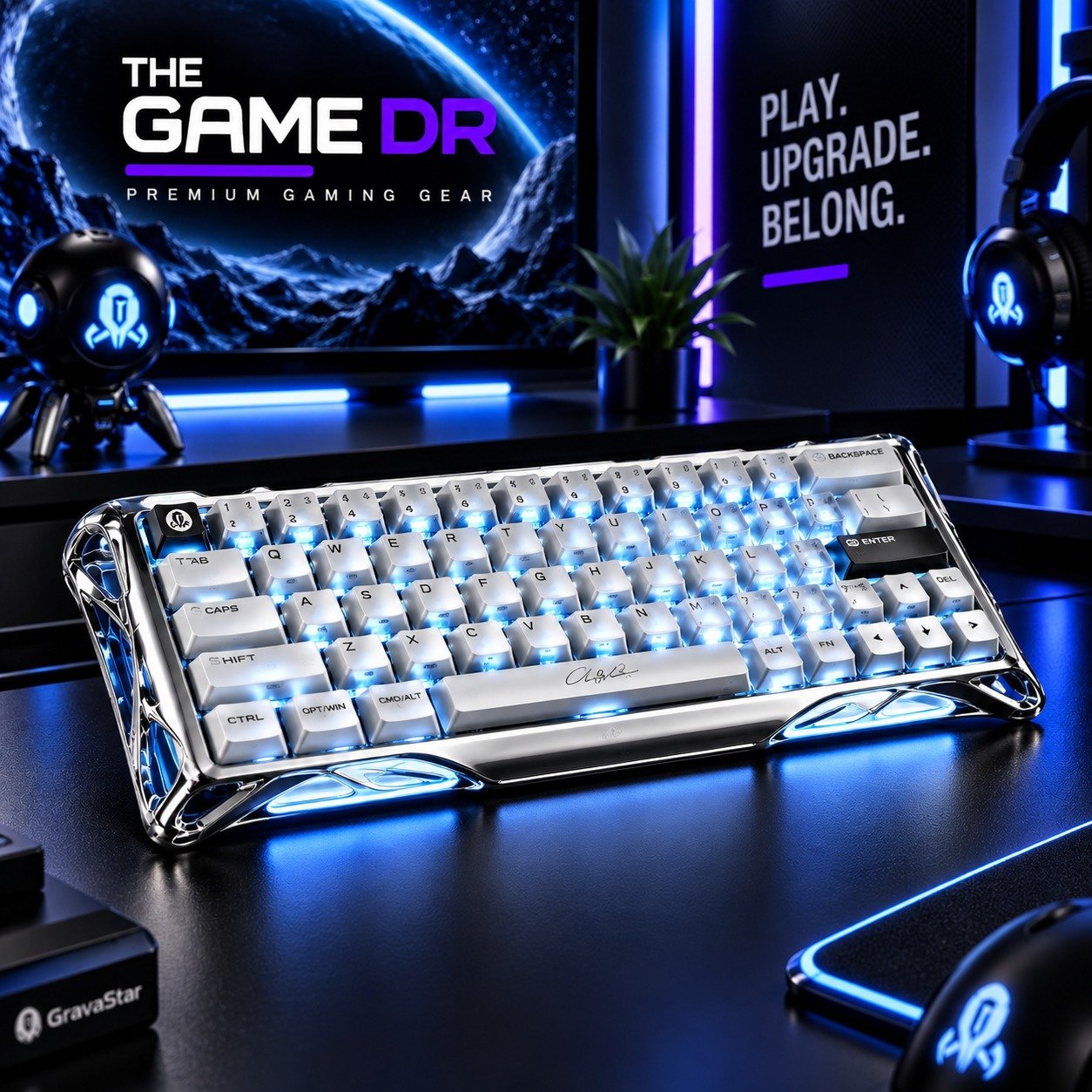 GravaStar V60 Pro Chrome Silver keyboard with blue lighting on a gaming desk