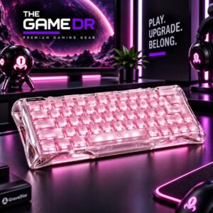 GravaStar V60 Pro Crystal Rose pink keyboard on a gaming desk