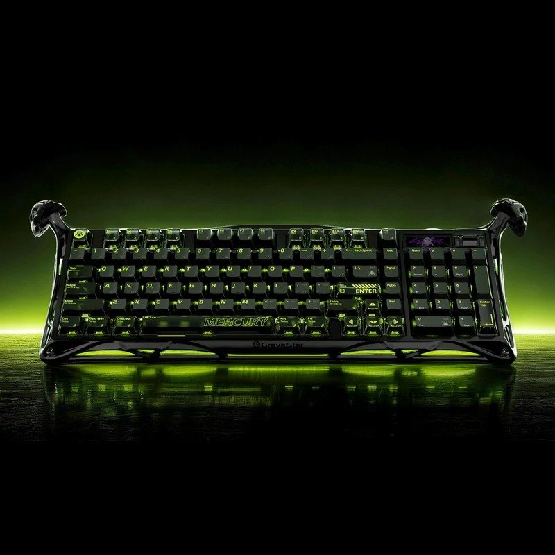 GravaStar K98 Pro Black keyboard front view with green lighting