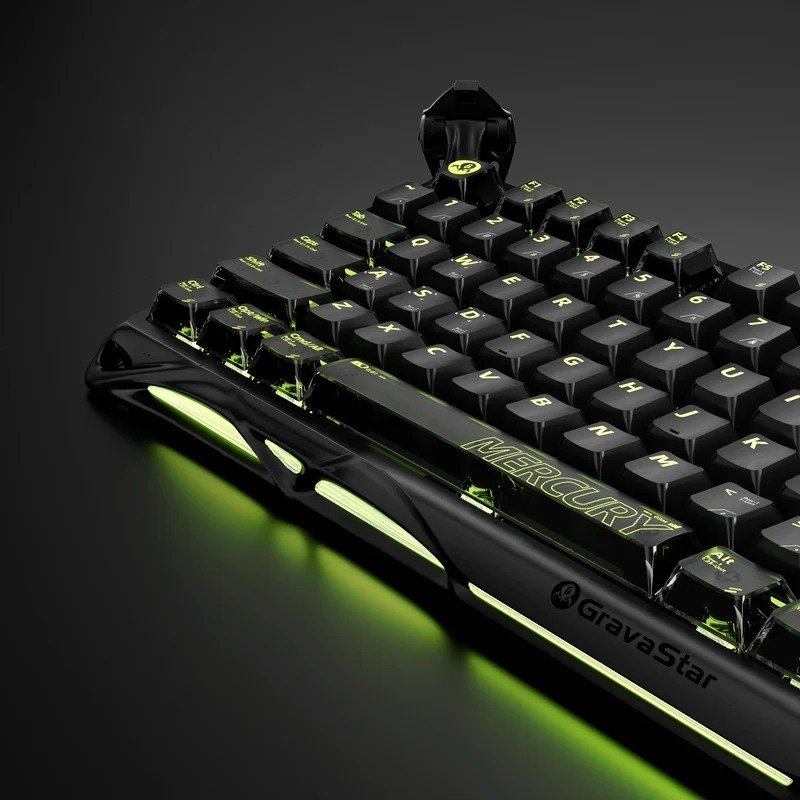 Close-up of GravaStar K98 Pro Black keyboard with green edge lighting