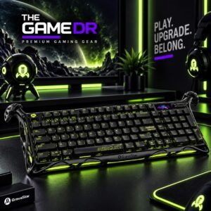 GravaStar K98 Pro Black keyboard with green lighting on a gaming desk