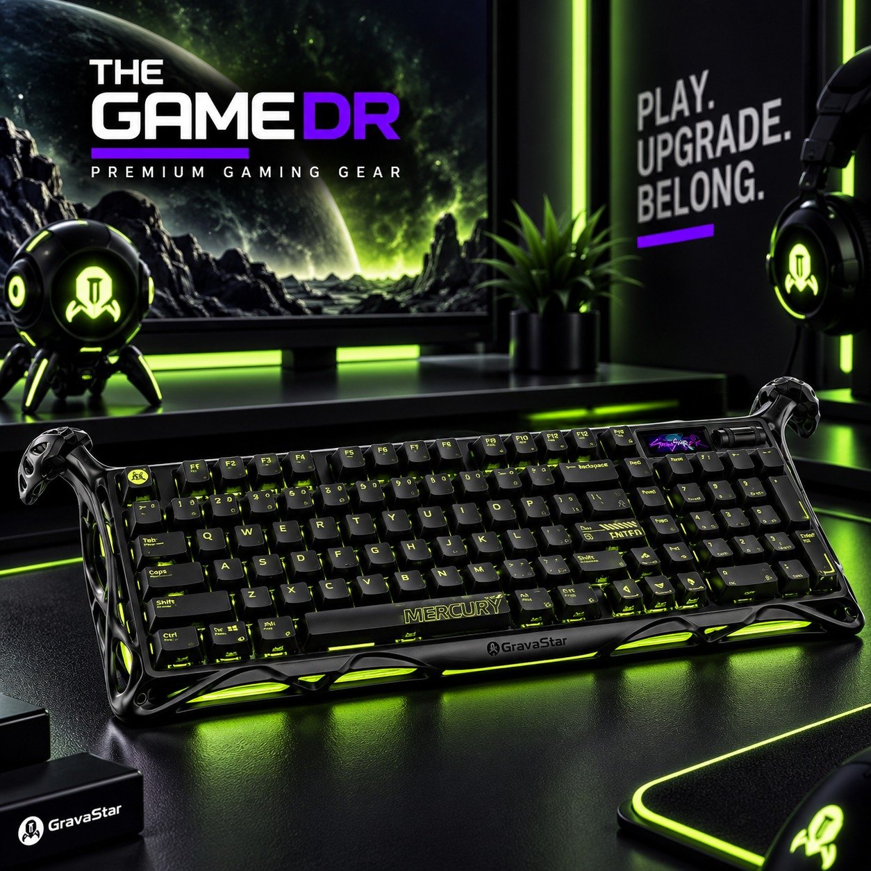 GravaStar K98 Pro Black keyboard with green lighting on a gaming desk
