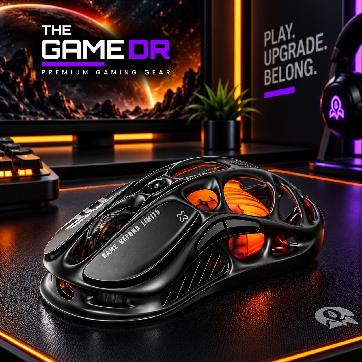 GravaStar Mercury M2 Stealth Black gaming mouse with orange lighting on a gaming desk