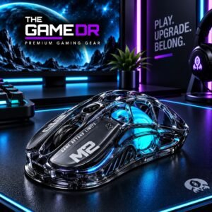 GravaStar Mercury M2 Transparent Black gaming mouse with blue lighting on a gaming desk