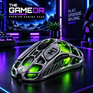 GravaStar Mercury M1 Pro Gunmetal Grey gaming mouse with green lighting on a gaming desk