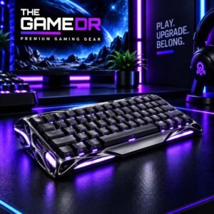 GravaStar V60 Pro Gunmetal keyboard with purple lighting on a gaming desk