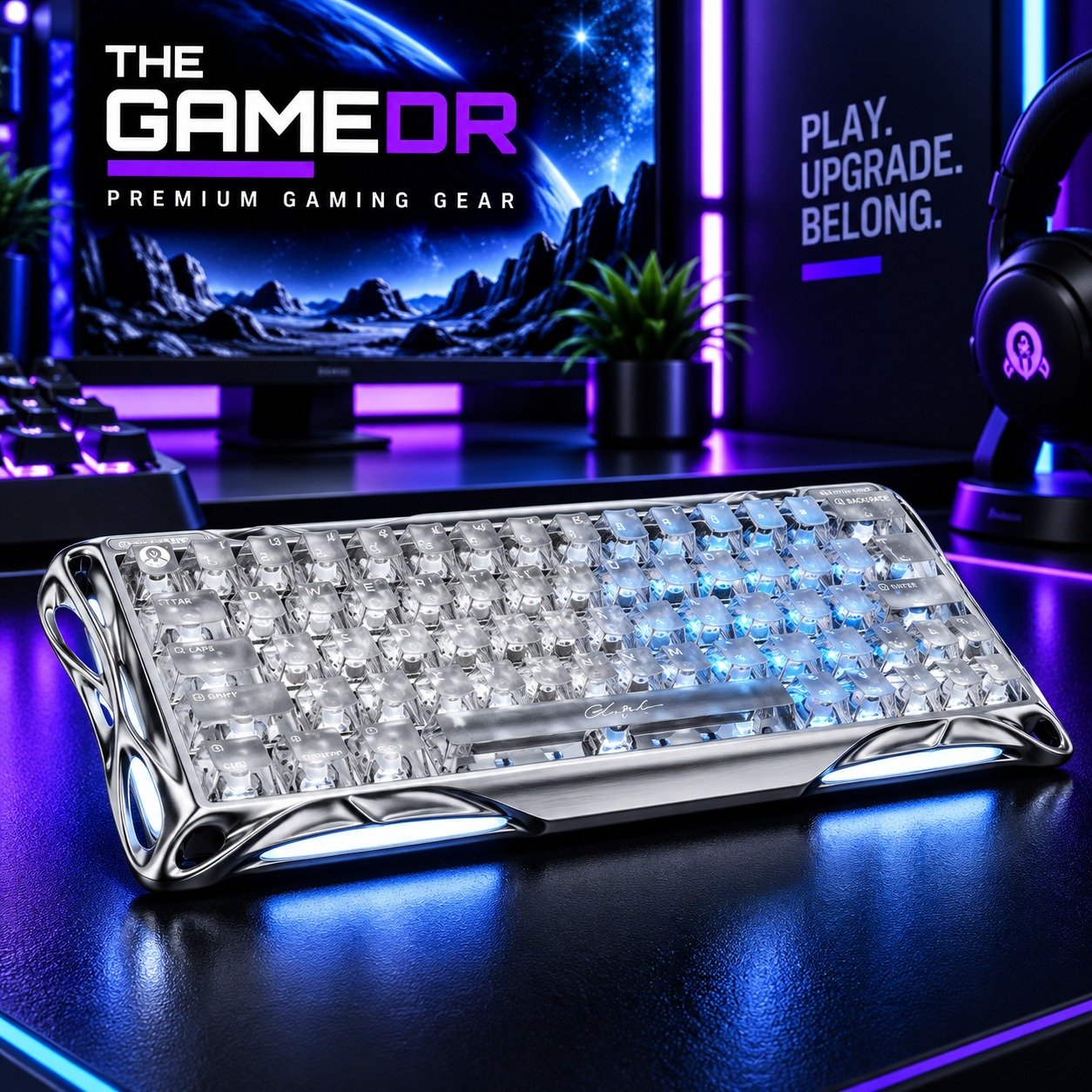 GravaStar V60 Pro Silver transparent keyboard with blue lighting on a gaming desk
