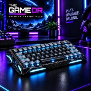 GravaStar V60 Pro Cyber Frost Black keyboard with blue lighting on a gaming desk