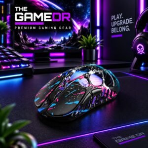 GravaStar Mercury X Pro 8K Neon Graffiti gaming mouse on a gaming desk