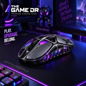 GravaStar Mercury X Pro 8K Galaxy Black gaming mouse on a gaming desk