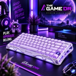 GravaStar Mercury K1 75% Lavender Purple keyboard with purple lighting on a gaming desk