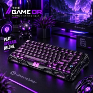 GravaStar Mercury V75 Lite Transparent Black keyboard with purple lighting on a gaming desk