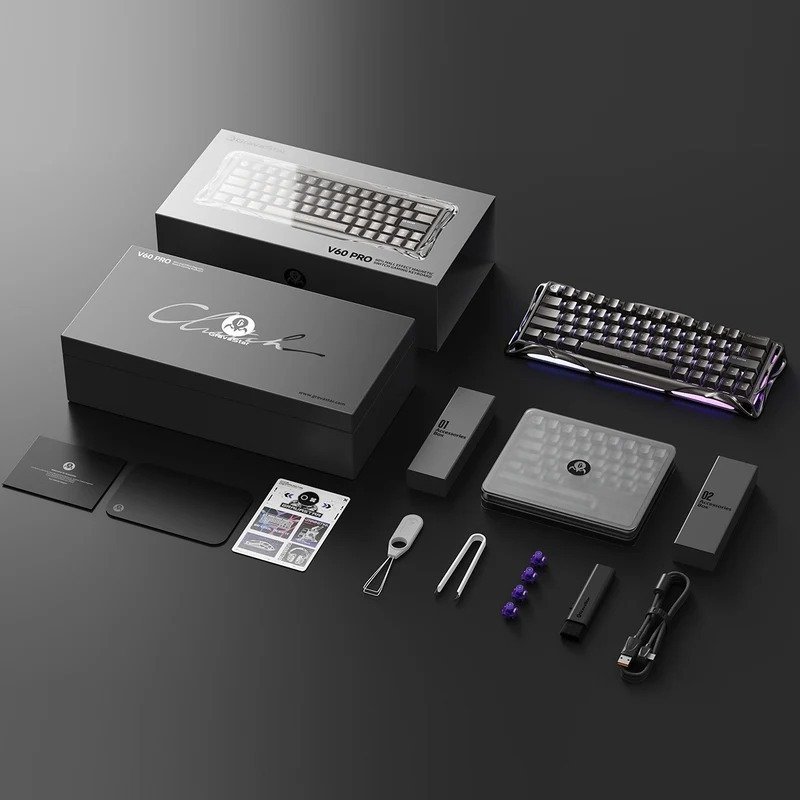 GravaStar V60 Pro Black keyboard shown with its packaging and accessories
