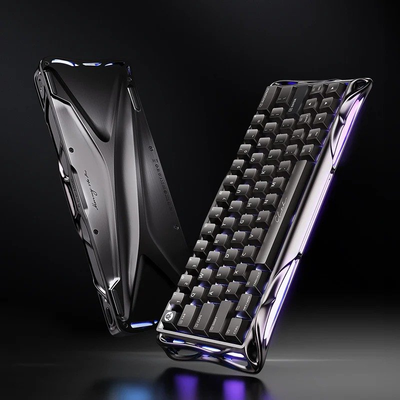 GravaStar V60 Pro Black keyboard and case shown standing upright