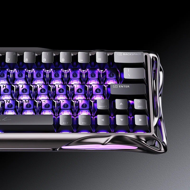 Close-up of GravaStar V60 Pro Black keys with purple backlighting