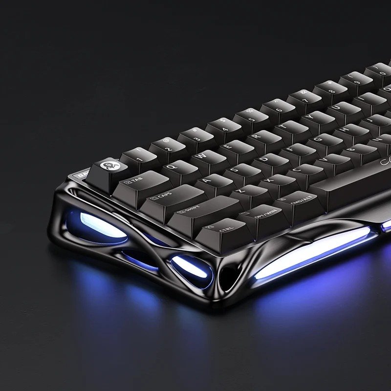 GravaStar V60 Pro Black keyboard angled view with blue underglow
