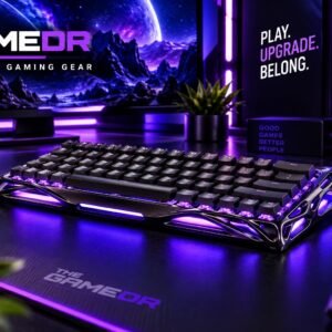 GravaStar V60 Pro Black keyboard with purple lighting on a gaming desk