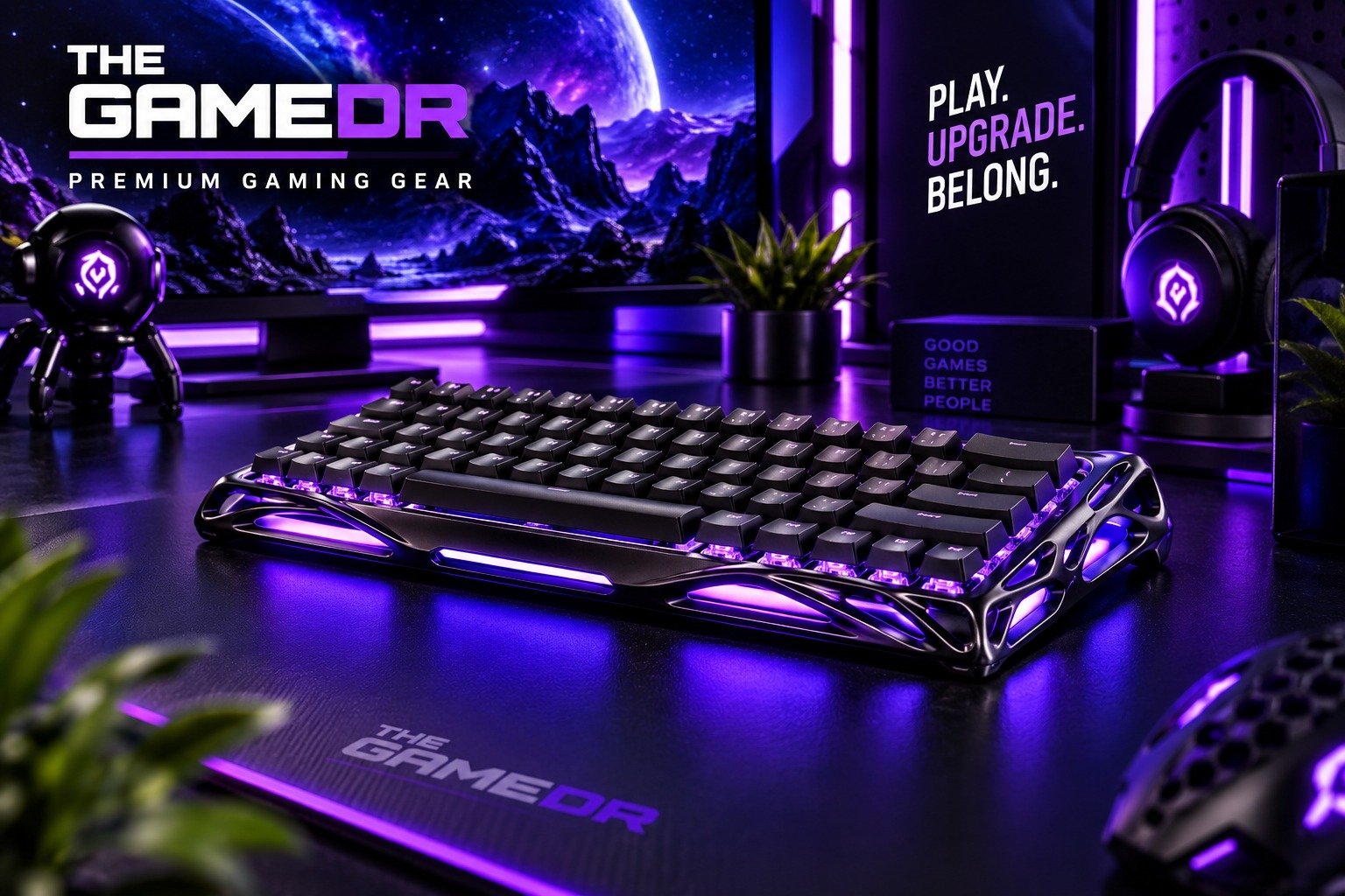 GravaStar V60 Pro Black keyboard with purple lighting on a gaming desk