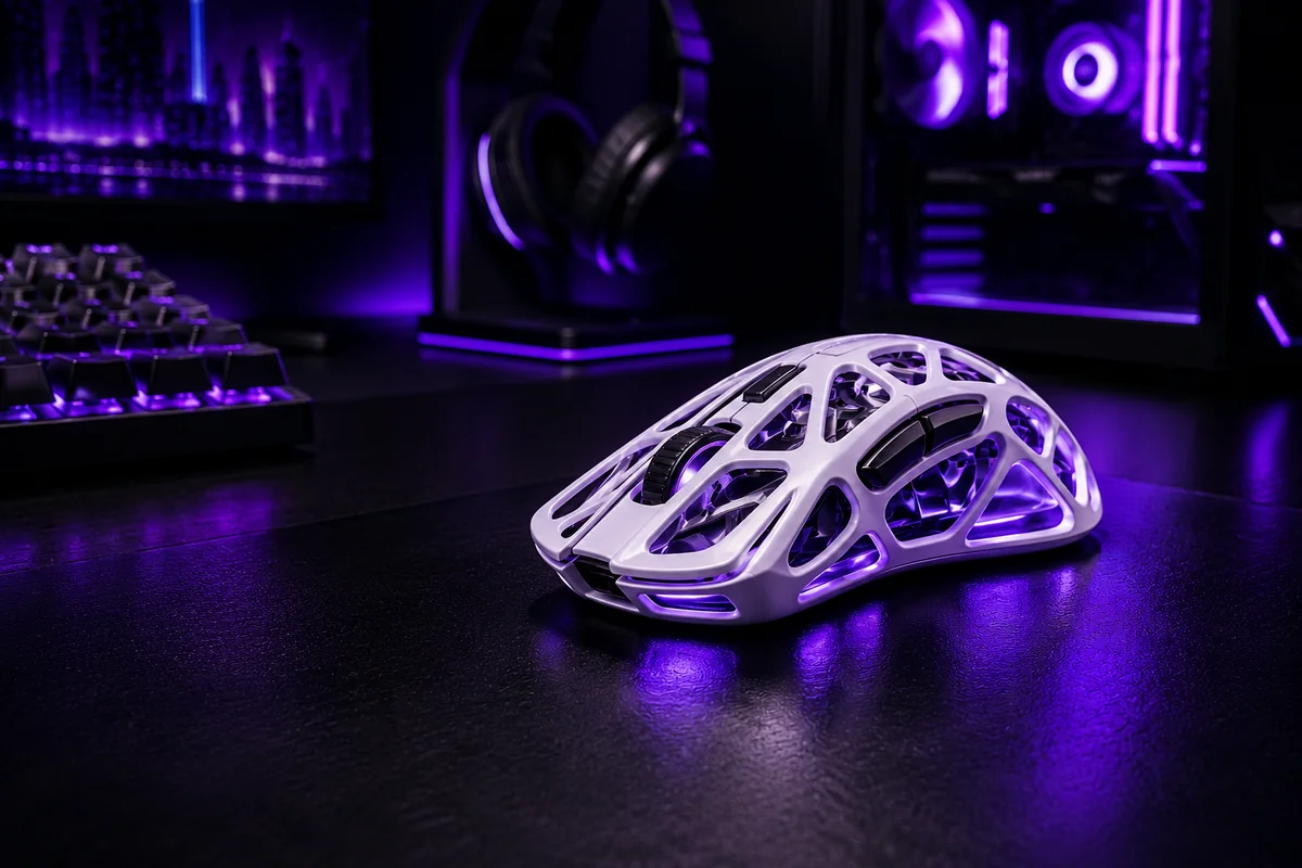 Futuristic white gaming mouse in purple Game DR gaming setup