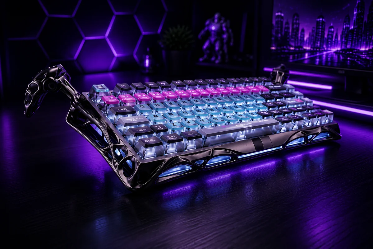 Futuristic gaming keyboard in purple Game DR gaming setup