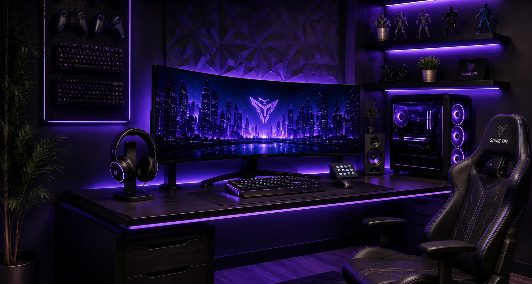 Premium purple gaming setup in The Game DR Setup Lab