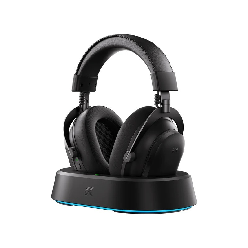 MCHOSE V9 Turbo wireless gaming headset resting on its base