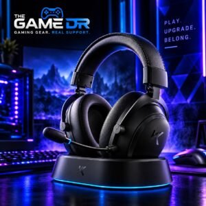 MCHOSE V9 Turbo wireless gaming headset on its stand in a gaming setup
